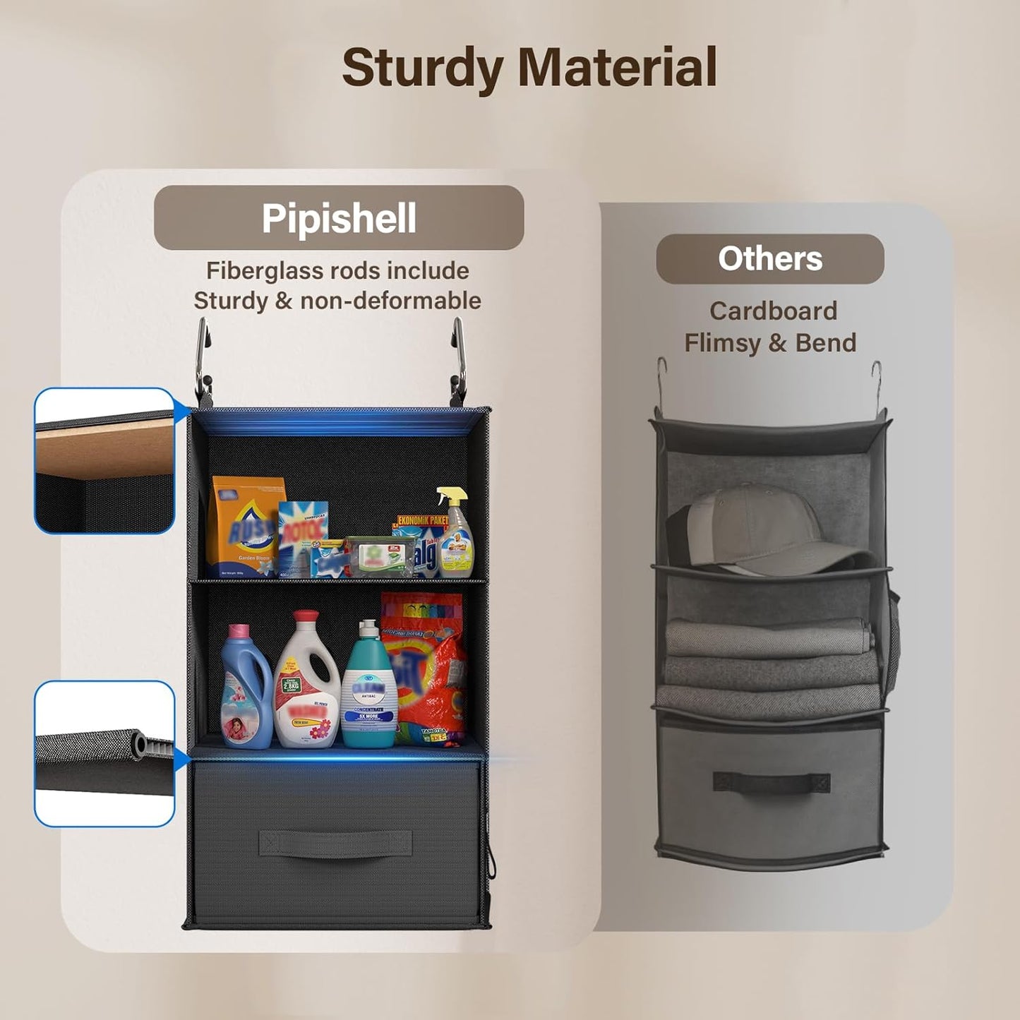 Pipishell 6-Shelf Hanging Closet Organizer, Hanging Shelves with 2 Separable 3-Tier Shelves, Closet Shelves Organizer with 3 Removable Drawers for Wardrobe, Nursery, Baby Clothes, Black