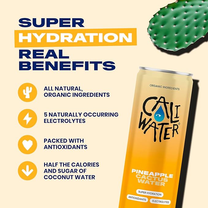 Caliwater - Organic Cactus Water - Pineapple - 5g Sugar, 35 Calories - Coconut Water Alternative - Natural Plant Based Hydration - Skin Care, Electrolyte Drinks - Flavored Water Beverages - 12 Cans