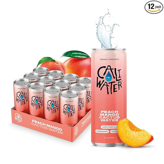 Caliwater - Organic Cactus Water - Peach Mango - 6g Sugar, 30 Calories - Coconut Water Alternative - Natural Plant Based Hydration - Skin Care, Electrolyte Drinks - Flavored Water - 12 Cans