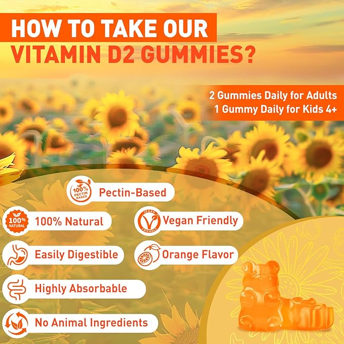 Vitamin D2 Gummies 2000 IU, Plant-Based D2 Vitamin Ergocalciferol Supplement from Whole Mushroom, Bone, Muscle, Teeth & Immune Support, Daily Sunshine Supply, Vegan, Non-GMO, Orange, 60