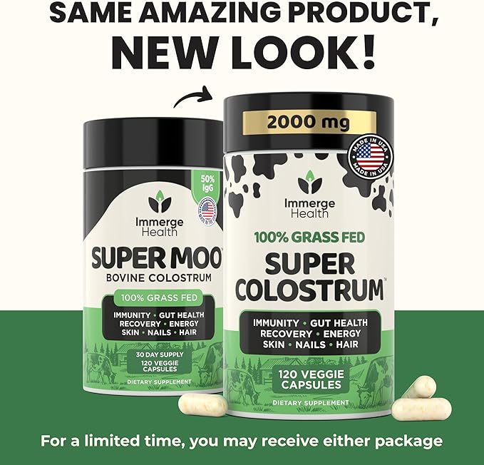 Super Colostrum Grass Fed Bovine Colostrum - 120 Capsules - Gut Health, Muscle Recovery, Energy, Hair, Skin & Immune Supplement | 50% IgG Cow Colostrum for Humans | Superfood, Gluten Free, Unflavored