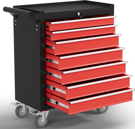 7-Drawer Tool Chest,Rolling Tool Cart with Wheels,High Capacity Tool Cabinet with Locking System for Garage, Warehouse, Workshop-Black&Red