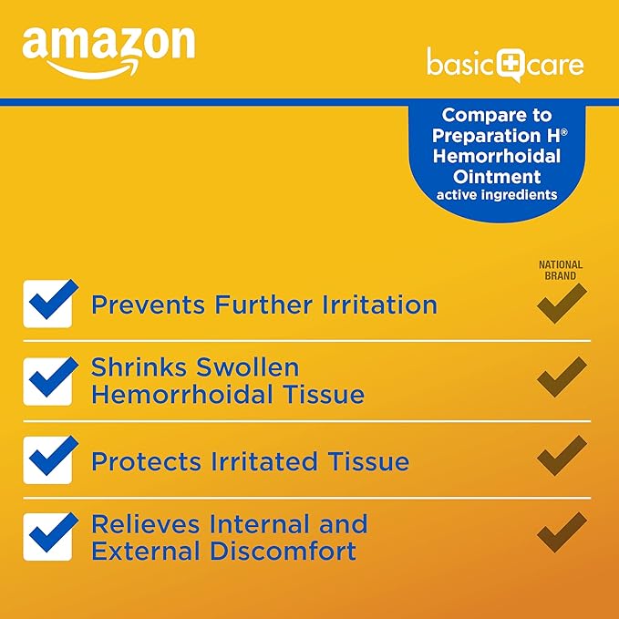 Amazon Basic Care Hemorrhoid Ointment, Hemorrhoid Treatment, Pain Relief, Relieves Burning, Itching and Discomfort, 2 ounce (Pack of 1)