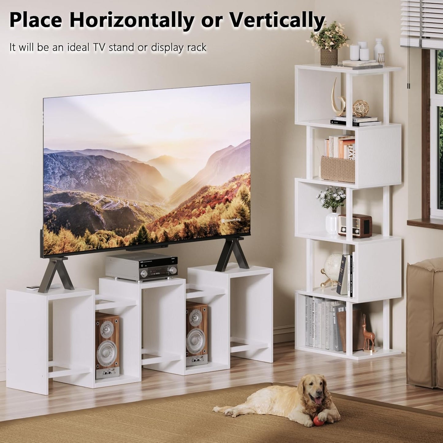 Furologee White Geometric Bookshelf 6 Tier S-Shaped Bookcase, Tall Modern Display Storage Shelf, Metal and Wood Decorative Freestanding Room Divider Shelves for Bedroom, Living Room, Office