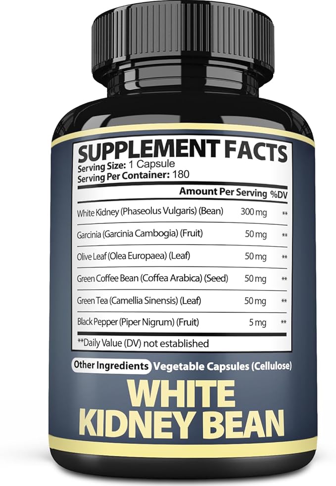 Satoomi 6in1 White Kidney Bean Extract Capsules - 6 Month Supply - Extra Blend with Olive Leaf, Green Coffee Bean & Green Tea - 180 Counts