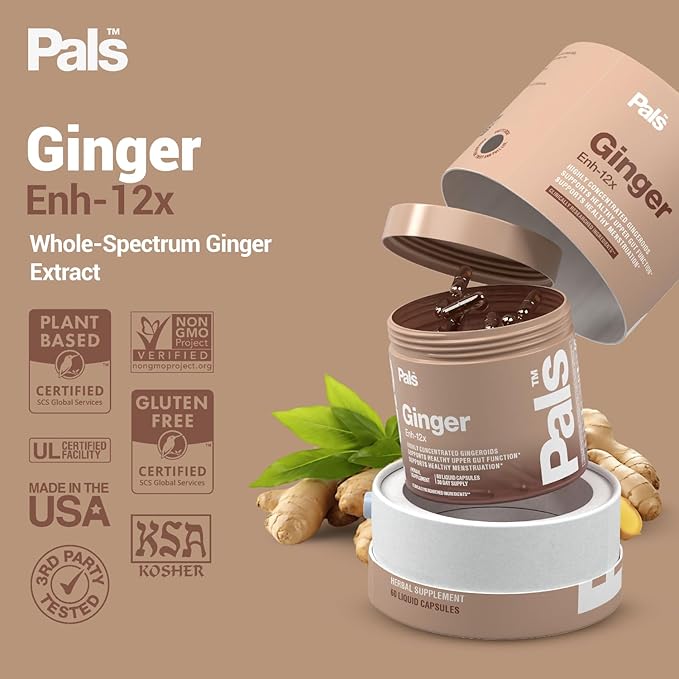 Pure Ginger Root Capsules Enh-12x: Ultra Potent 26% Gingeroids Extract Vegan Ginger Supplements for Nausea, Bloating & Menstrual Cramps, Support a Calm Stomach & Digestive Health, Non-GMO, (30 Days)