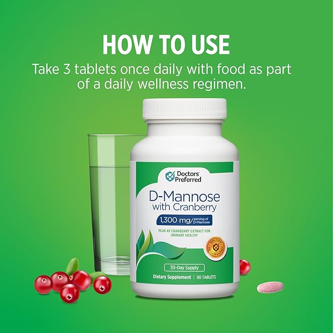 DOCTORS' PREFERRED D-Mannose 1300 MG with Cranberry 500 MG Supplement - Premium Formula (90 Vegan Tablets)