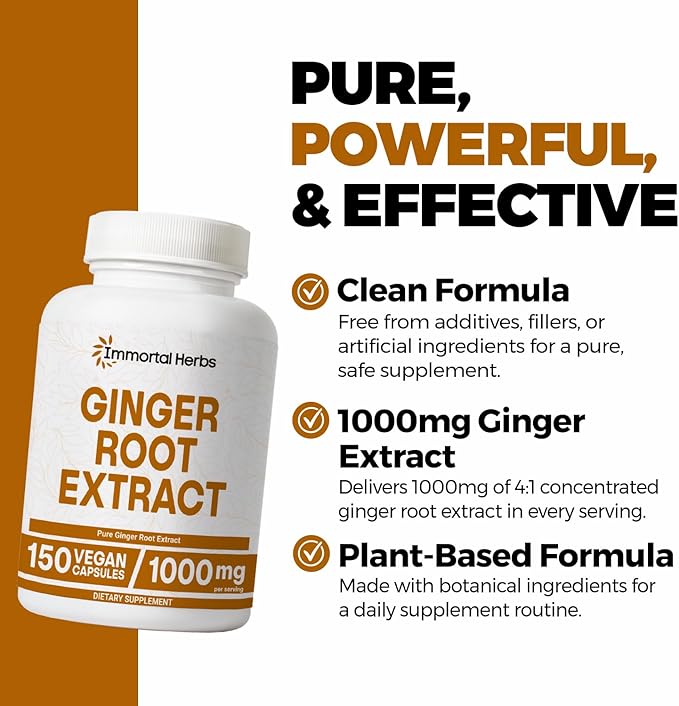 Ginger Root Capsules 1000mg, 4:1 Extract Powder, 150 Pills, Vegan, Non-GMO and Gluten-Free Ginger Supplement for Men and Women, 2 Month Supply