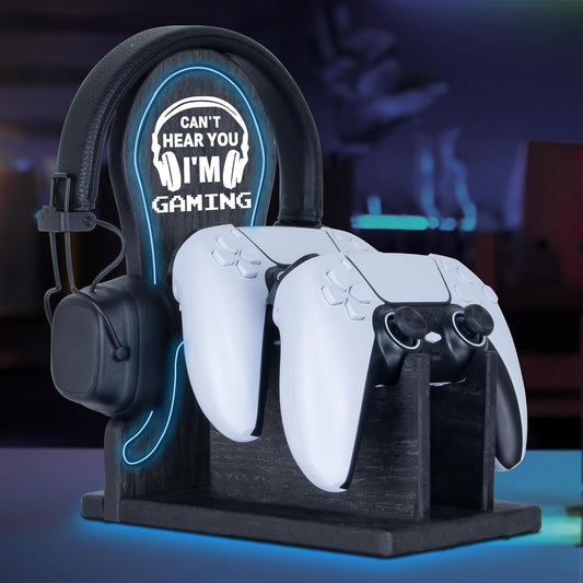 Gamer Gifts Light Up Controller Holder & Headphone Stand with Neon Light, Stylish Gaming Accessories Setup Controller Stand Headset Stands, Unique Gifts for Gamers to Organize Gaming Equipment