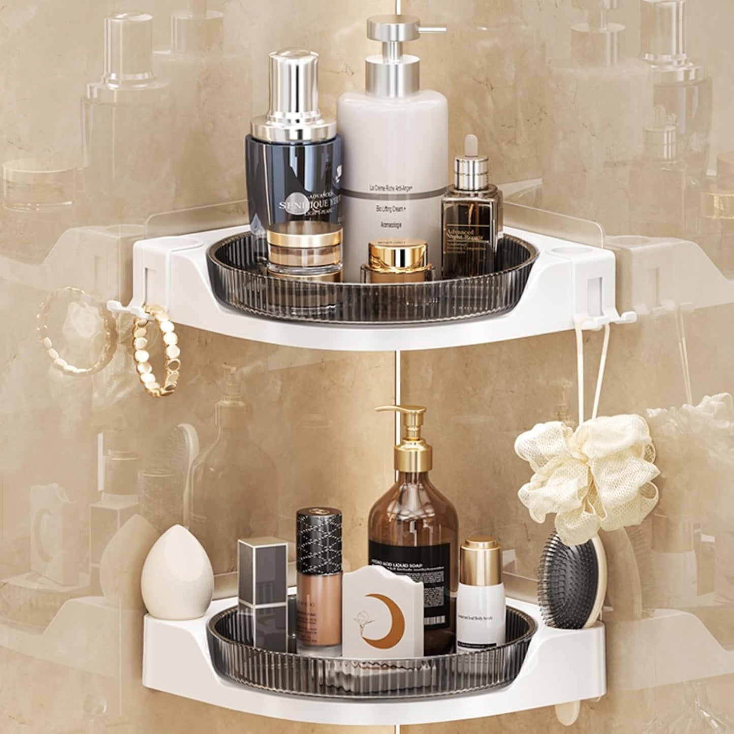 360 Rotating Makeup Organizer Spinning Bathroom Organizer 1 Pack Corner Storage Organizer with Hooks for Perfume Lotion Skincare Organizer Countertop Kitchen Storage(Smoky Grey)