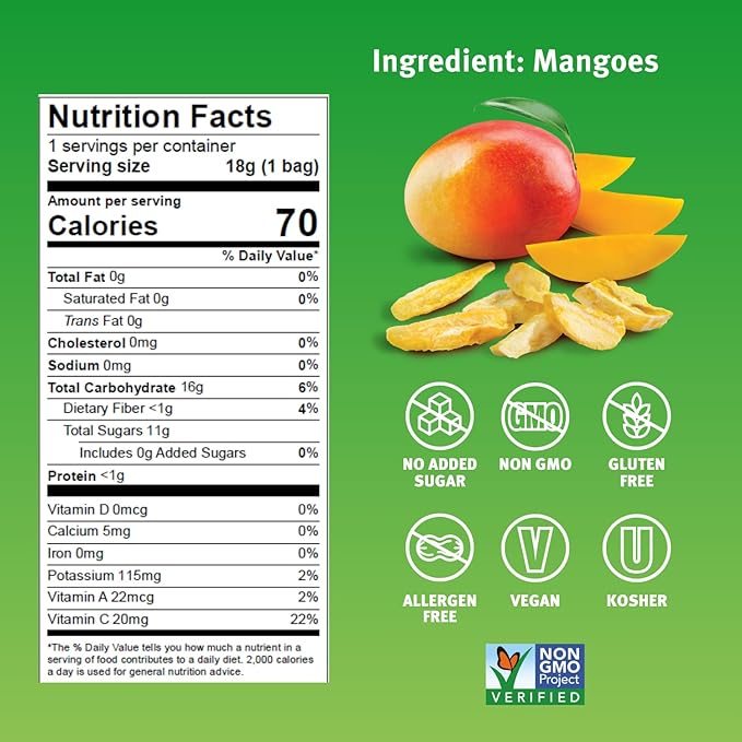 Crispy Green Natural Freeze-Dried Fruit, Mango Single-Serve, No Sugar Added, 0.63 Ounce (Pack of 12)