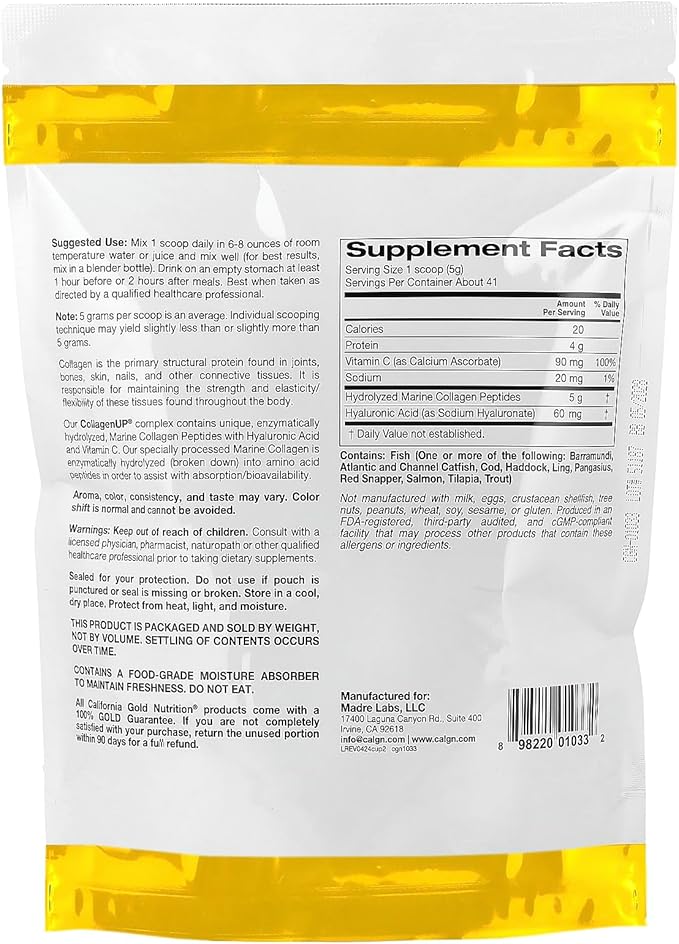 California Gold Nutrition CollagenUP®, Hydrolyzed Marine Collagen Peptides with Hyaluronic Acid and Vitamin C, Unflavored, 7.26 oz (206 g)