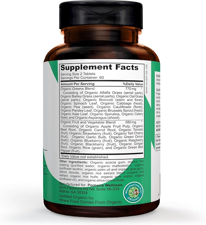 Pomona Wellness Super Greens Supplement, Full Of Superfood Vitamins & Minerals, Fruits & Vegetable, Greens Powder for Bloating and Digestion, Gut Health, USDA Organic, Non-GMO, 120 Tablets