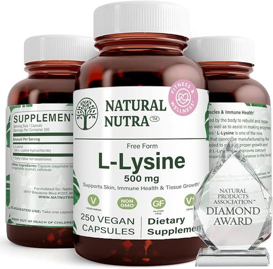 Natural Nutra L Lysine HCl, Promotes Bone Health and Growth, Support Skin Health, Improve Vitamin C Absorption, Helps Built Collagen, Improve Calcium Absorption, Non-GMO, Vegan, 500 mg, 250 Capsules.