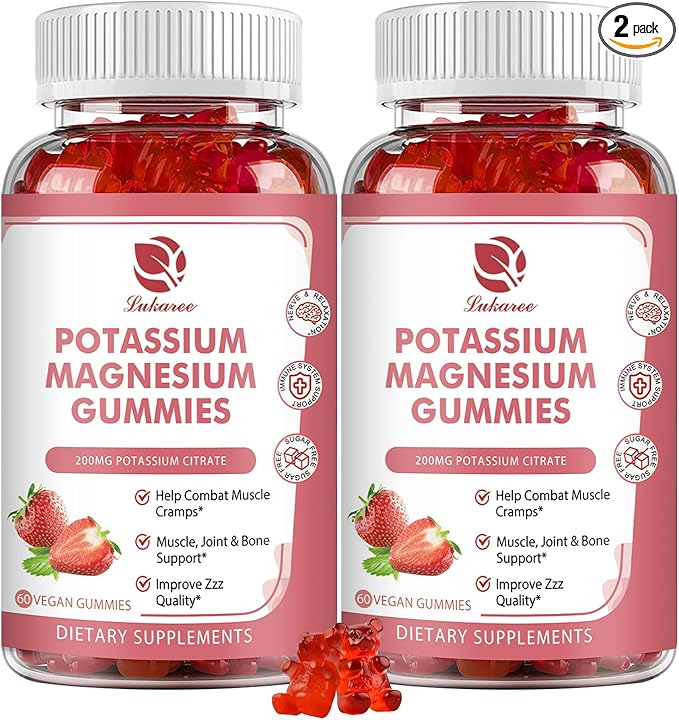 Magnesium Potassium Supplement Gummies - New Formula Calm Magnesium Glycinate Gummies & Potassium Citrate 200 mg Plus Omega 3, B6, D3, K2 & Calcium for Zzz, Leg Cramps & Muscle - 120 Count