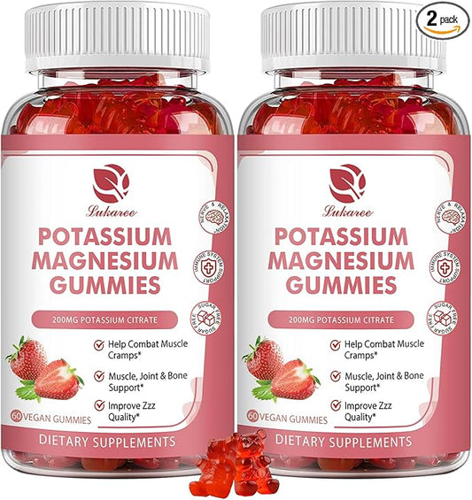 Magnesium Potassium Supplement Gummies - New Formula Calm Magnesium Glycinate Gummies & Potassium Citrate 200 mg Plus Omega 3, B6, D3, K2 & Calcium for Zzz, Leg Cramps & Muscle - 120 Count