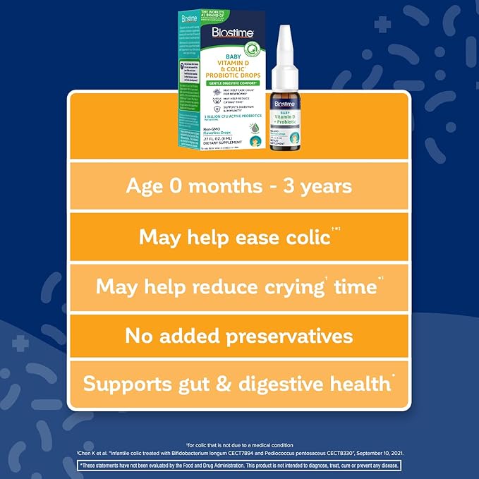 Biostime Baby Vitamin D & Colic Probiotic Drops for Newborns to 3 Years Old | 100% Daily Values Vitamin D for Bone & Immune Support – Eases Colic & Digestion| 32 Serving