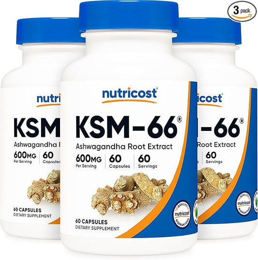 Nutricost KSM-66 Ashwagandha Root Extract 600mg, 60 Veggie Caps (3 Bottles) - 5% Withanolides - with BioPerine