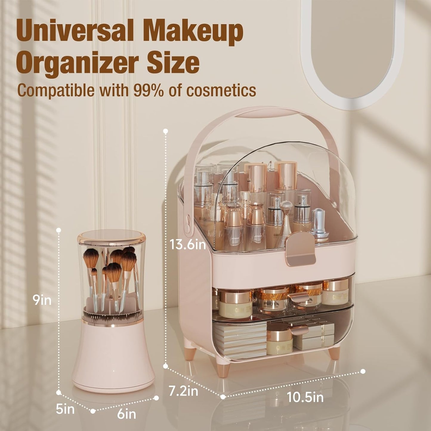 Makeup Organizer Countertop & Makeup Brush Holder with Lid 360 Rotating Clear Dustproof Skincare Holder for Vanity Bathroom Countertop, Ideal Gifts for Women, Transparent, Pink