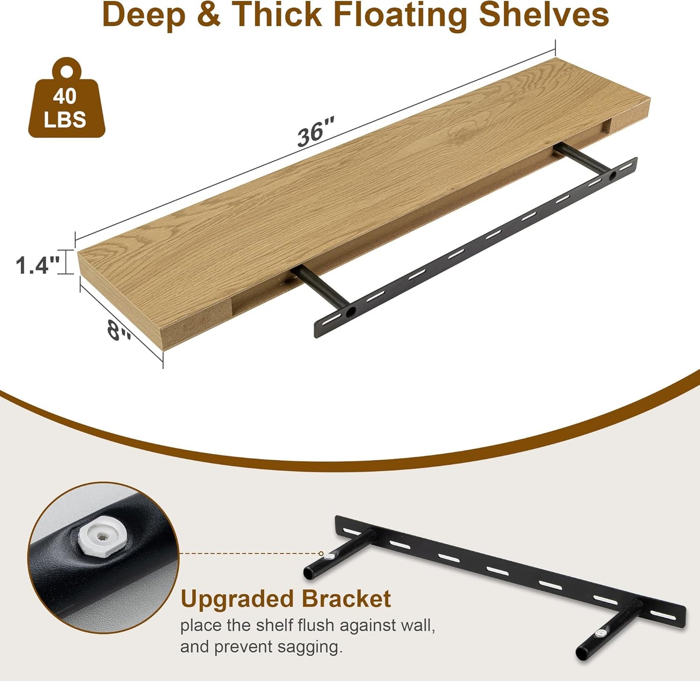Fun Memories Floating Shelves 36 Inch Long, Deep Floating Shelf for Wall, 36 x 8 Floating Shelves Set of 2, 8 Inch Deep Wall Shelf for Living Room, Kitchen, Bedroom, Large Storage Shelves, Oak Color