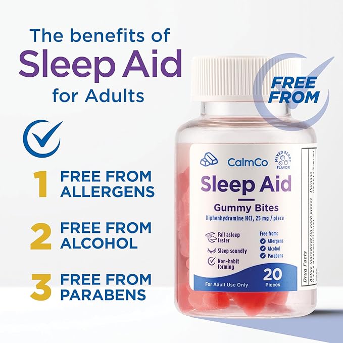 CalmCo Adult Sleep Aid Gummy Bites - Non-Habit Forming Sleep Support with 25mg Diphenhydramine, Easy-to-Chew Nighttime Sleep Aid Gummies, Promotes Better Sleep, and Fall Asleep Faster, 20 Count