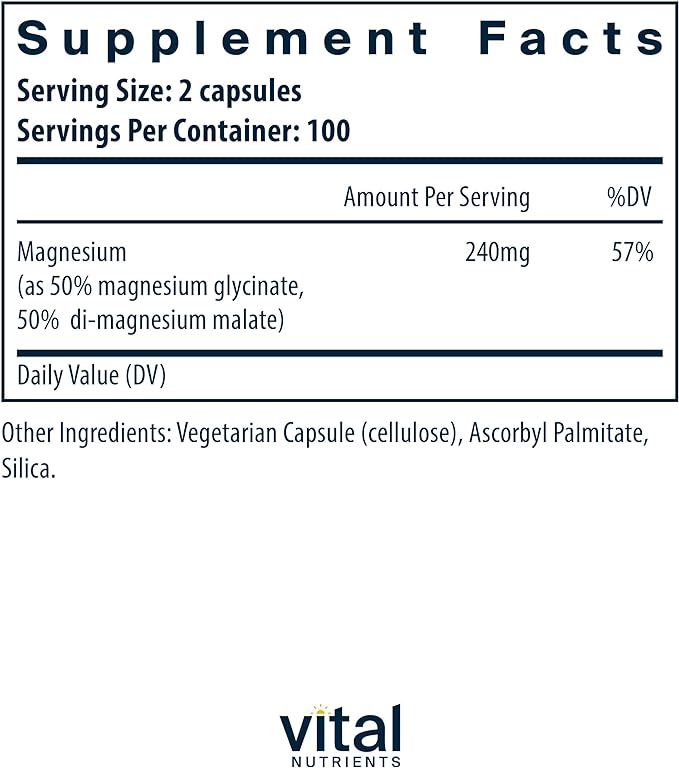 Vital Nutrients Magnesium Glycinate + Malate | 120mg Vegan Magnesium Supplement for Women and Men | Muscle, Heart, Bone Support* | Promotes Relaxation | Gluten, Dairy and Soy Free | 200 Capsules