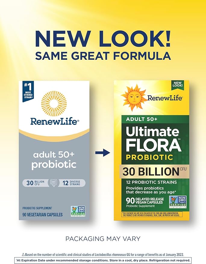 Renew Life Probiotic Adult 50 Plus Probiotic Capsules, Daily Supplement Supports Urinary, Digestive and Immune Health, L. Rhamnosus GG, Dairy, Soy and gluten-free, 30 Billion CFU, 90 Count