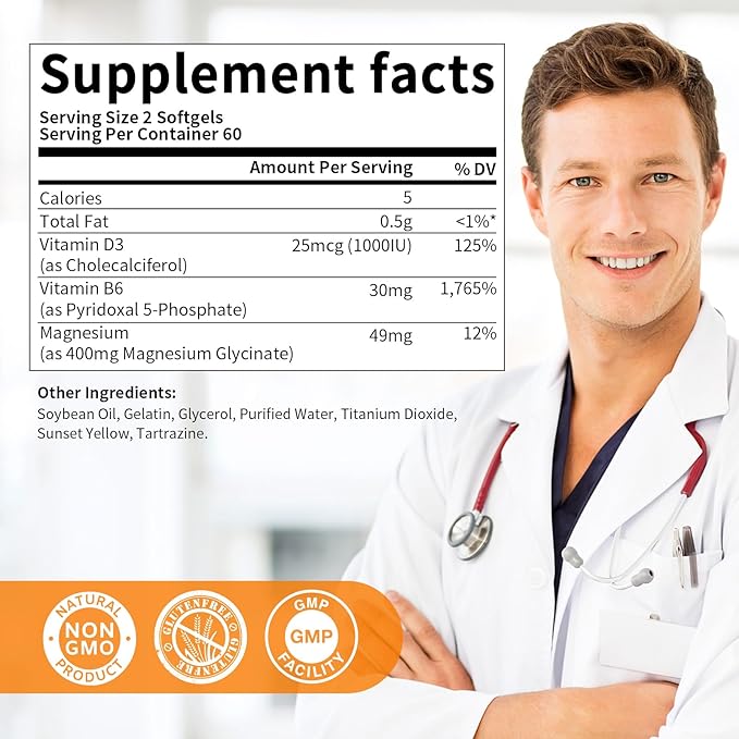 Magnesium Supplement Softgels, Easy Absorption Magnesium Glycinate 400mg with Vitamin B6,D3, High Bioavailability Magnesium for Sleep & Calm Support, Nervous, Muscle & Bone Health,180count