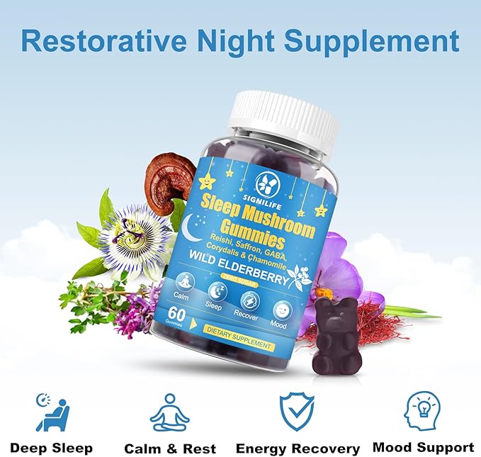 Sleep Mushroom Gummies with Reishi & Lions Mane -Natural Sleep Aid & Relaxation Supplement, Wild Elderberry Flavor, Non-GMO, No Sugar, 120 Count