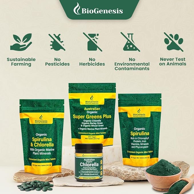 Biogenesis Organic Spirulina, Chlorella & Marine Plant Minerals – 300 Count (200 mg) | Australian Grown Algae Superfood | Support Energy & Immunity | Vegan Mini Tablets