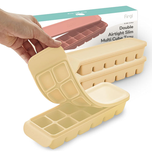 Silicone Ice Cube Freezer Tray with Lid, 100% Food-Grade Platinum Silicone,Leak Resistance & Dishwasher Safe for Baby Food Prep,Breast Milk,Purees - Korean Made (Beige 2-Pack 0.7oz/12 Sections)