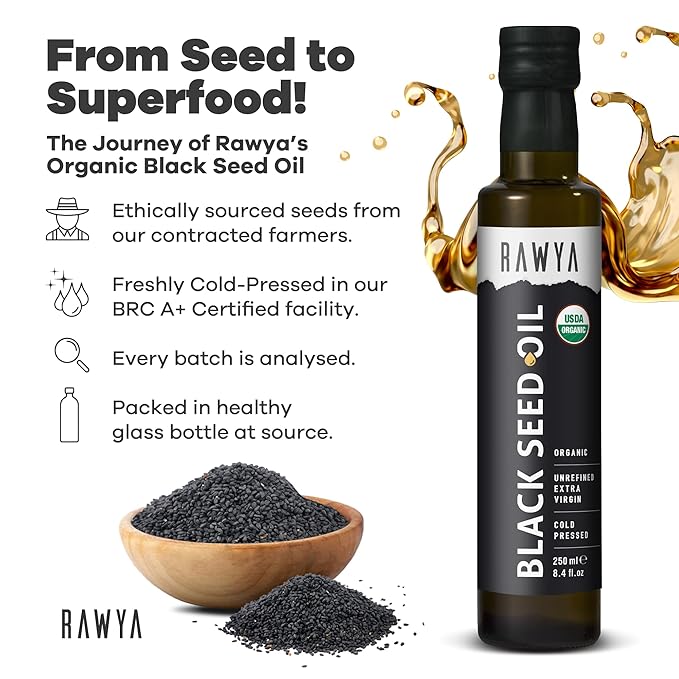 RAWYA Black Seed Oil - USDA Organic Certified - Cold Pressed - 8.4 Fl oz - Extra Virgin - Turkish Black Cumin Seed - Premium Nigella Sativa with Thymoquinone - Kalonji - Non-GMO, Gluten-Free - Nutritional Supplements - Extra Strong Taste