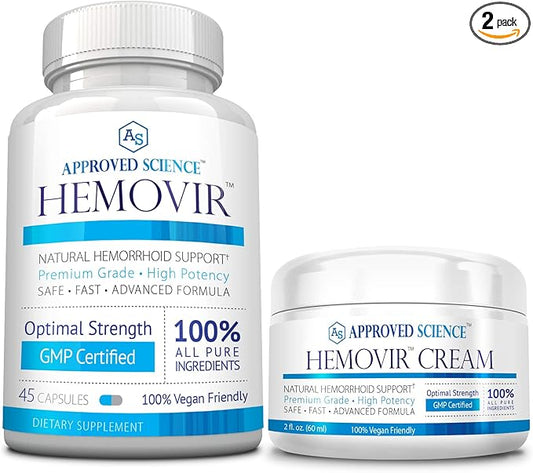 Approved Science Hemovir - Hemorrhoid Capsules and Cream - Dual-Action Stops Itching and Optimizes Blood Flow - Internal and External Care - 45 Capsules + 2 Fl Oz - Vegan - Non GMO - Made in The USA