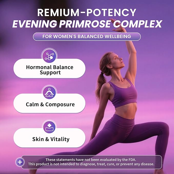 Evening Primrose Oil Complex for Women – Hormone Wellness with Cold-Pressed EPO, 10% GLA, Sage, Fulvic Acid, L-Theanine – Supports Cyclical Balance, Mood, Skin & Immune Health, 90 Softgels