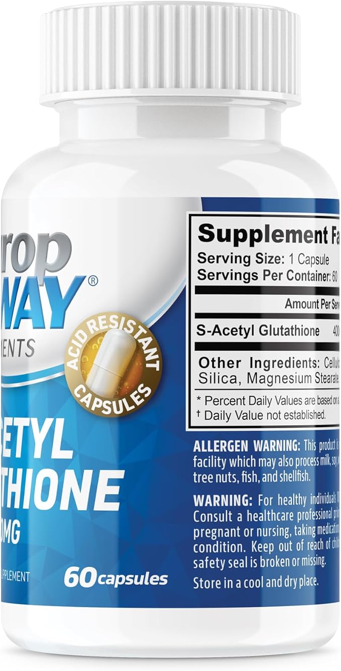 NeuropAWAY Elements S-Acetyl-Glutathione 400mg Acid Resistant Capsules 60ct (60 400mg Capsules Per Bottle) 3rd Party Tested Made in a cGMP Facility