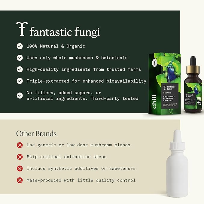 Reishi Mushroom Extract Drops Fantastic Fungi Chill Elixir, 4-in-1 Mood Support Supplement w/ Holy Basil & Shiitake Mushrooms for Relaxation & Calm | 100% Organic & Natural | 30 Servings, 1 fl oz