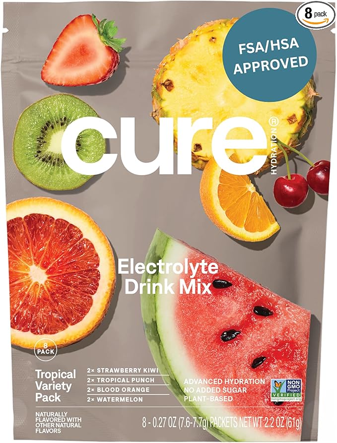 Cure Hydration | Plant-Based Electrolyte Drink Mix | No Added Sugar | Dehydration Relief Powder Made with Coconut Water | Non-GMO | Vegan | 8 Packets - Tropical Variety Pack