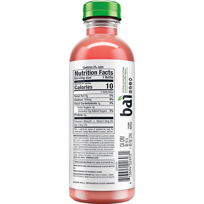 Bai Antioxidant Infused Water Beverage, São Paulo Strawberry Lemonade, with Vitamin C and No Artificial Sweeteners, 18 Fluid Ounce Bottle, 6 Pack
