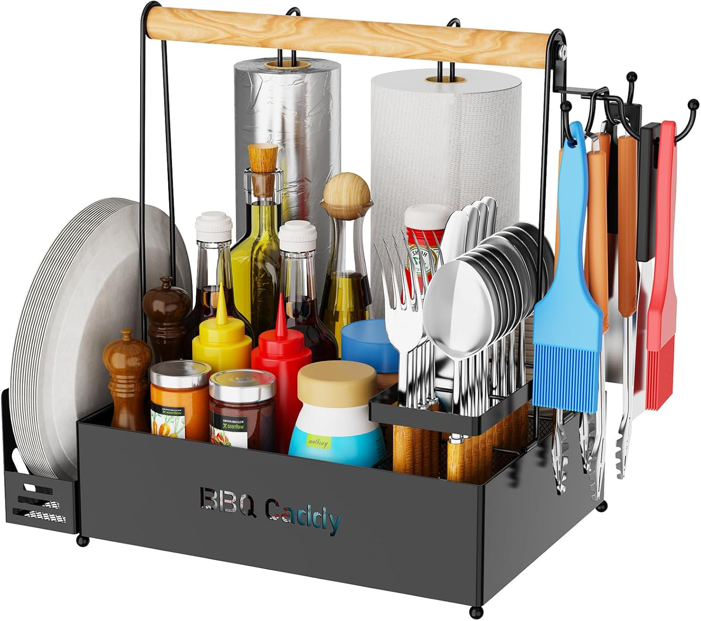 Grill Caddy, BBQ for Outdoor Grill with 2 Paper Towel Holders, Picnic BBQ Condiment Utensil Organizer Caddy for Outdoor Cooking, Rv, Camping Essential, Camper Must Haves,Gifts for Men