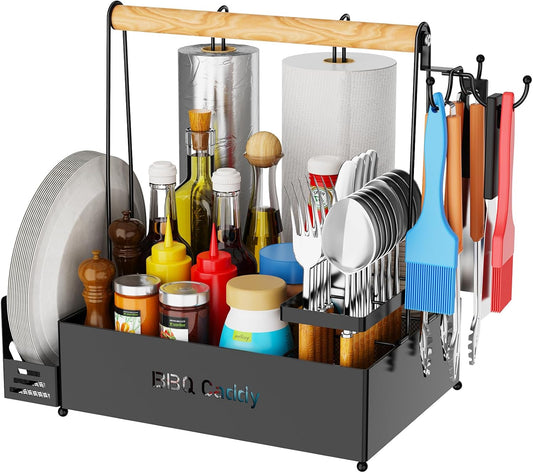 Grill Caddy, BBQ for Outdoor Grill with 2 Paper Towel Holders, Picnic BBQ Condiment Utensil Organizer Caddy for Outdoor Cooking, Rv, Camping Essential, Camper Must Haves,Gifts for Men