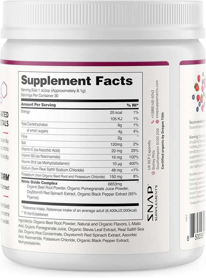 Snap Supplements Organic Beet Root Powder, Nitric Oxide Supplements for Men & Women, Beets, Pomegranate, B Vitamins & Red Spinach, Energy, Heart Health & Circulation Support, 30 Servings, Mixed Berry