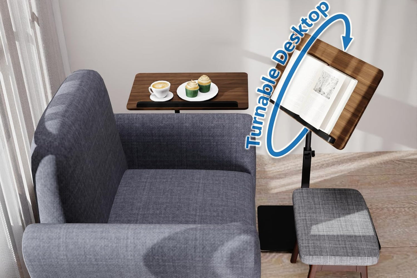 C Shaped End Table,20" W x 14" L,17"-31" Adjustable Height,Swivel and Turnable Desktop,Foldable Side Table for Small Spaces,Black Walnut (Black Walnut, 19.7" x 13.8")