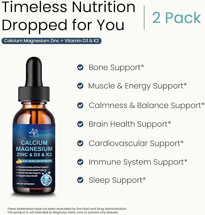 (2 Pack) 10 in 1 Magnesium Calcium Zinc Supplement with Vitamin C D3 K2, Glycinate Mag Vegan Liquid Drops Plus L-Theanine Boron Sea Moss Extract, Immune Support, Bone, Sleep & Leg Cramps, 1 Fl Oz