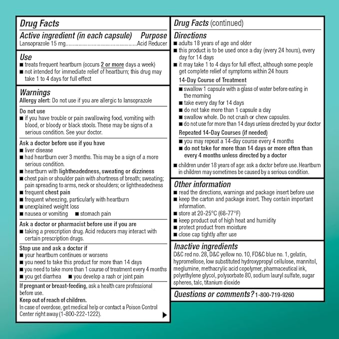 Amazon Basic Care Lansoprazole Delayed Release Capsules, 15 mg, Treats Frequent Heartburn, 14 Count