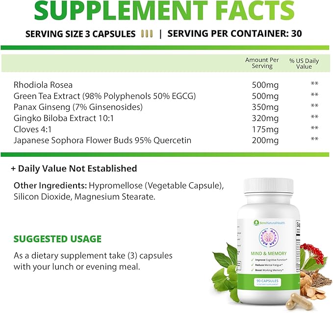 Ben's Natural Health Mind and Memory - Memory Supplement for Brain Health - Nootropic Brain Supplement for Men and Women - Ginkgo Biloba Green Tea Supplement for Focus and Memory (Pack of 6)