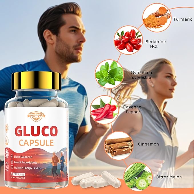 Gluco Blood Balance Capsule - Natural Healthy Glucoplus Supplement Gluco Revive Capsules for Support Metabolism Antioxidants and Maintain Energy with Berberine Bitter Melon Cinnamon (60 Capsules)
