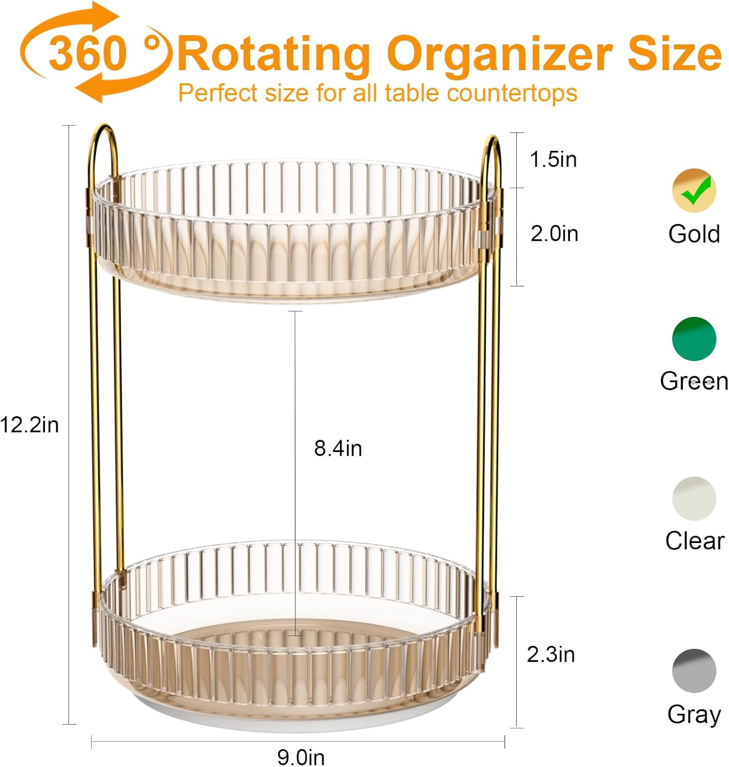 GTI 360°Rotating Makeup Organizer, 2 Tier Bathroom Counter Organizer,Large Capacity Perfume Cosmetics Skincare Vanity Organizers, Dresser Spinning Countertop Organizer and Storage for Women (Gold)