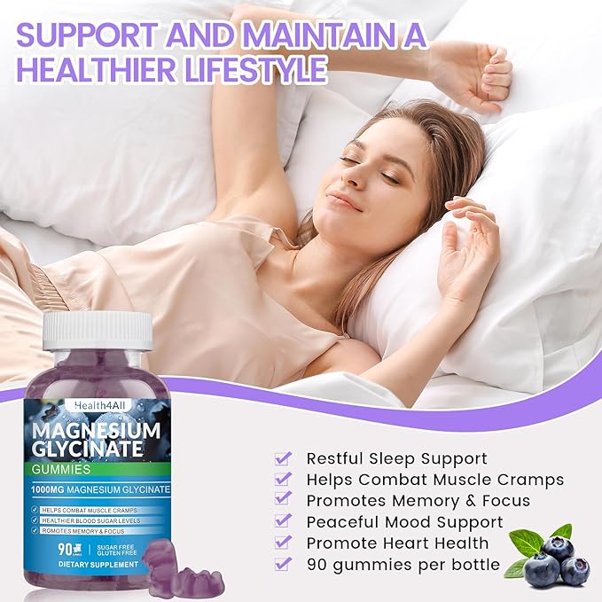 Magnesium Glycinate Gummies 1000mg, High Absorption Sugar Free Magnesium Potassium Supplement for Relaxation, Stress Relief, and Sleep Support for Adults & Kids (Blueberry)