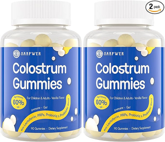 Bovine Colostrum Supplement Gummies - with 60% Highest IgG, Lactoferrin, Probiotics and Prebiotics for Adults and Kids, Vanilla Flavor & Sugar Free, 2 Pack
