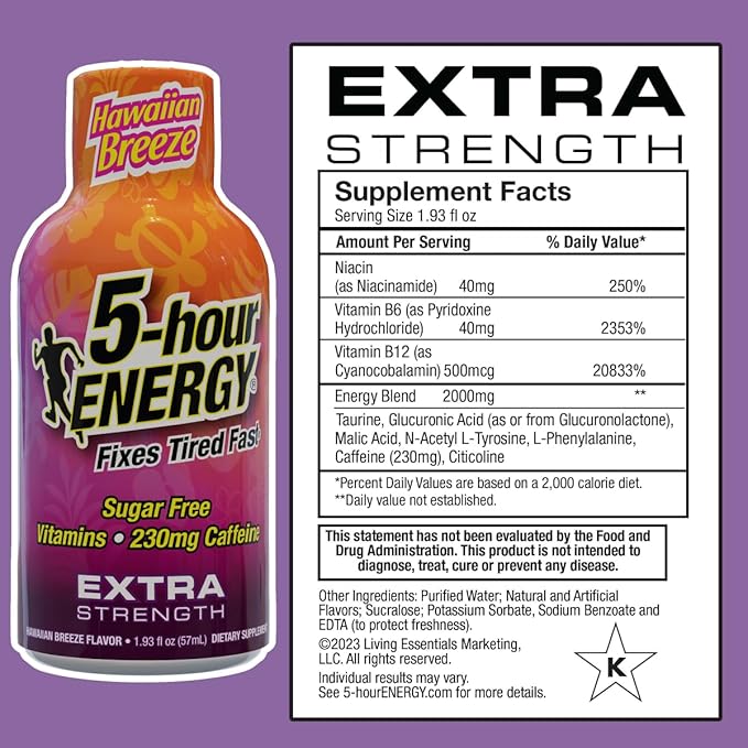 5-hour ENERGY Extra Strength Hawaiian Breeze Energy Shot 1.93oz, 20-Pack – Sugar Free Caffeine Energy Booster with B-Vitamins & Amino Acids – Zero Calorie